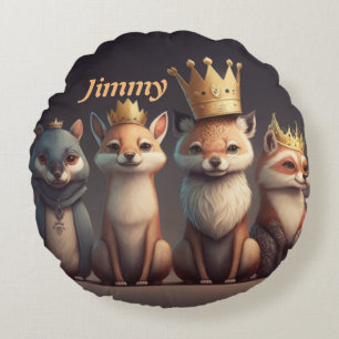 Cute wild animals wearing crowns round cushion