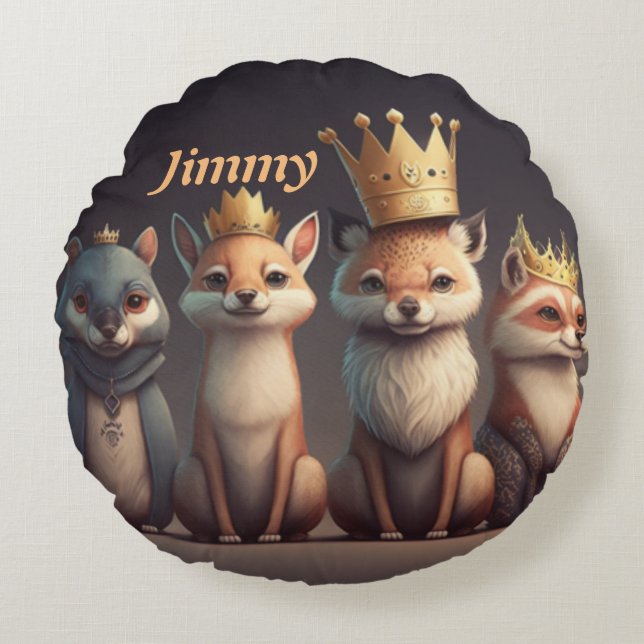 Cute wild animals wearing crowns round cushion (Front)
