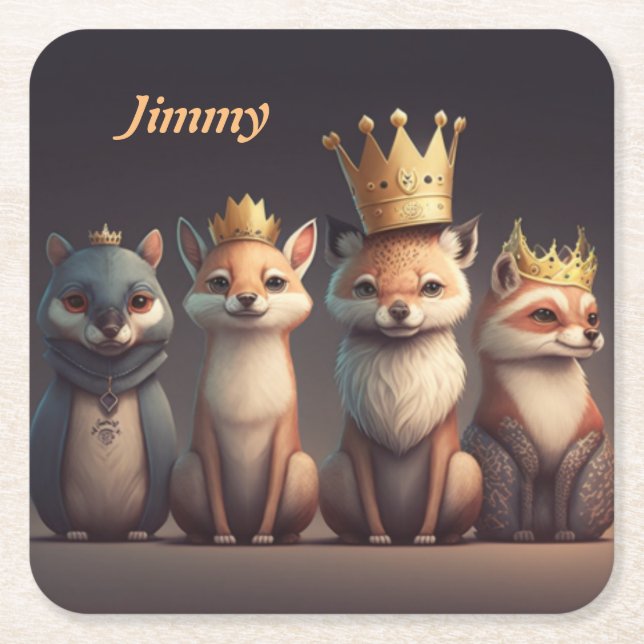 Cute wild animals wearing crowns  square paper coaster (Front)