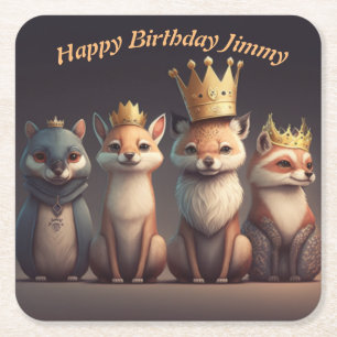Cute wild animals wearing crowns square paper coaster