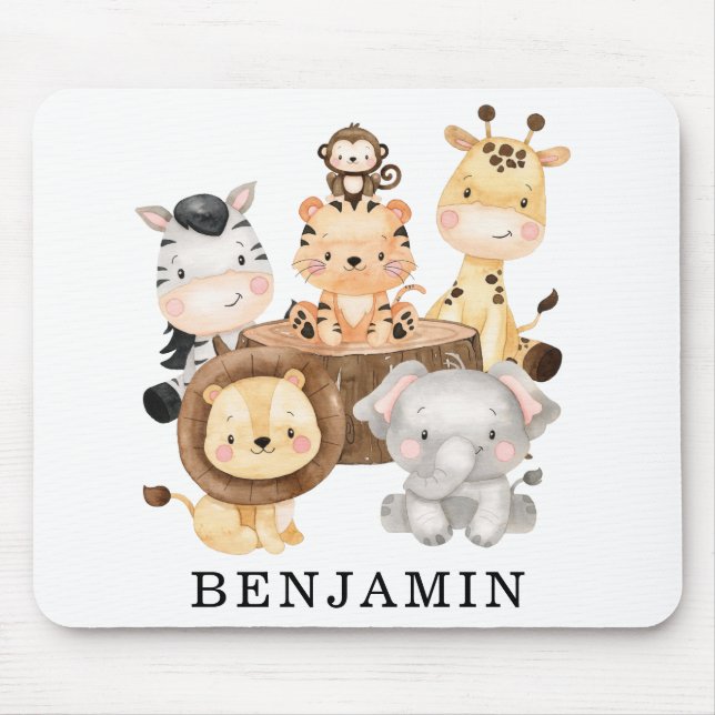Cute Wild Baby Safari Animals Custom Monogram Name Mouse Pad (Front)