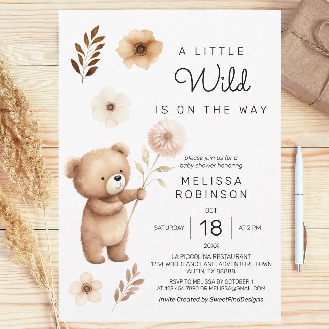 Cute Wild Bear Boho Flowers Baby Boy Shower Invitation (Cute Wild Bear Boho Flowers Baby Boy Shower Invitation)