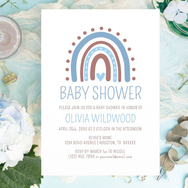 Cute Wild Boho Rainbow Blue Boy Baby Shower Invitation (Creator Uploaded)