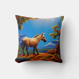 Cute Wild donkey overlooking a mountain valley Cushion