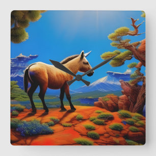 Cute Wild donkey overlooking a mountain valley Square Wall Clock