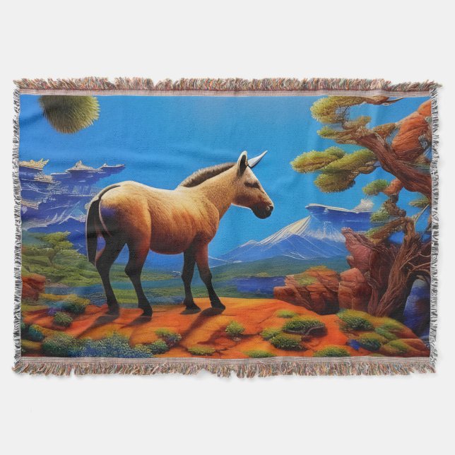 Cute Wild donkey overlooking a mountain valley Throw Blanket (Front)