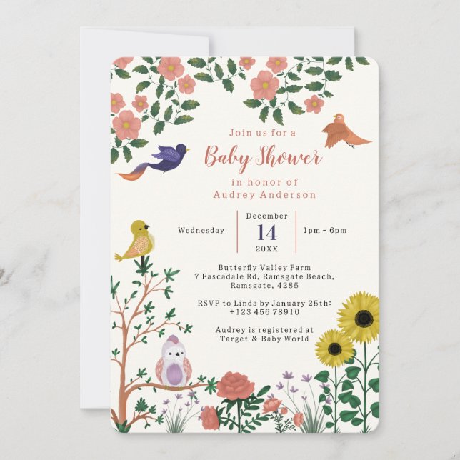 Cute Wild Flower and Birds Tea Party Baby Shower Invitation (Front)