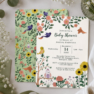 Cute Wild Flower and Birds Tea Party Baby Shower Invitation