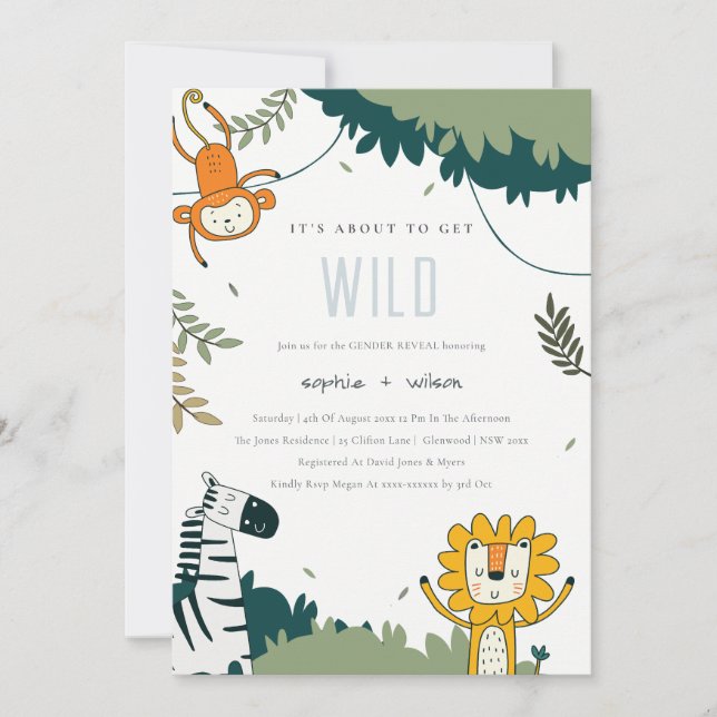Cute Wild Jungle Animals Gender Reveal Invite (Front)