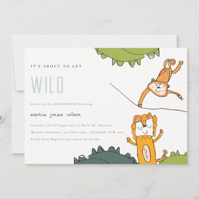 Cute Wild Jungle Animals Kid Drawn Birthday Invite (Front)