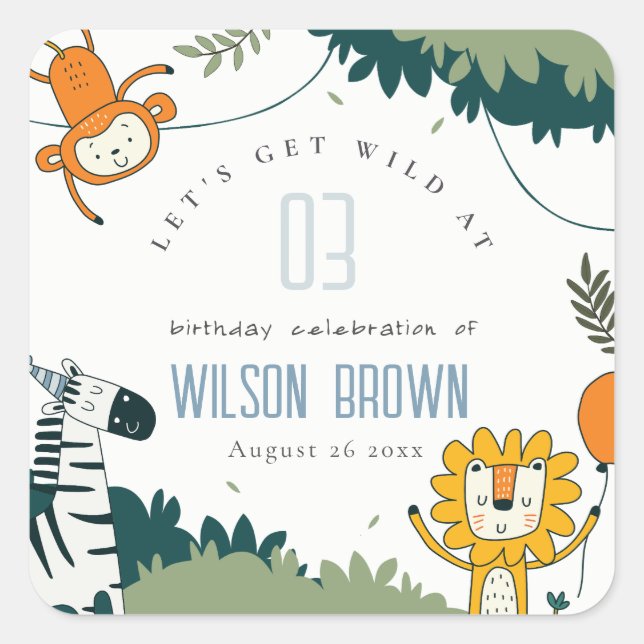 Cute Wild Jungle Animals Kids Any Age Birthday Square Sticker (Front)