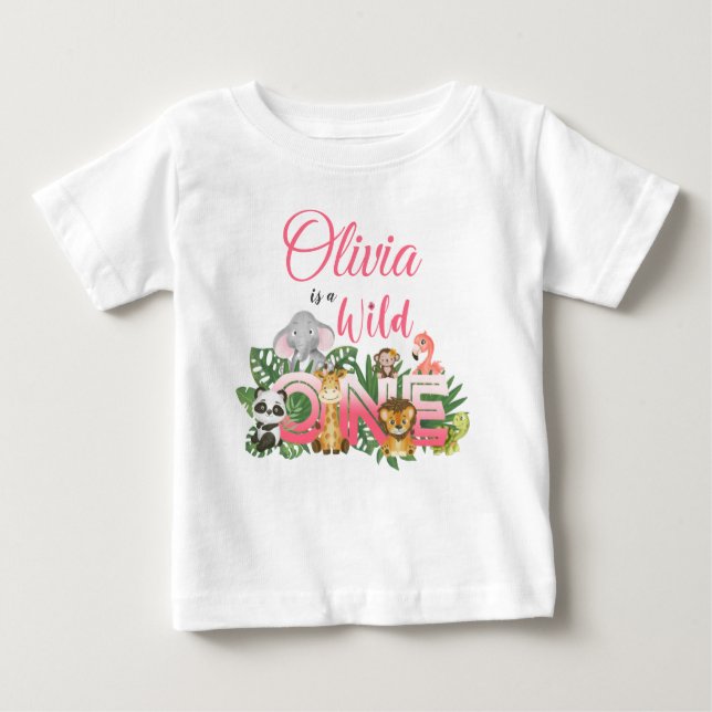 Cute Wild One 1st Birthday Safari Jungle Girl Baby T-Shirt (Front)