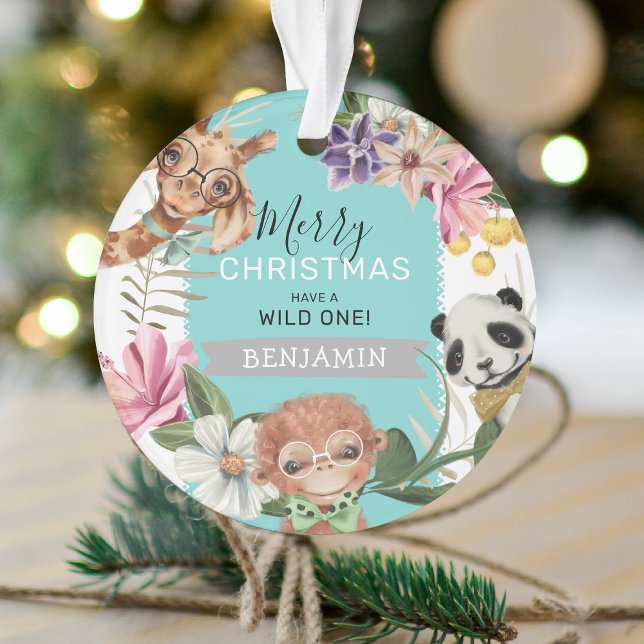 Cute Wild One Blue Jungle Kids Christmas Ornament (Creator Uploaded)