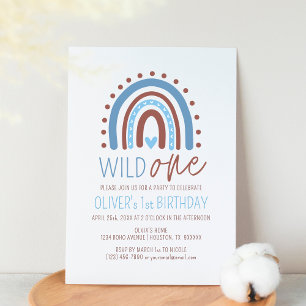 Cute Wild ONE Boho Rainbow Blue Boy Birthday 1st I Invitation