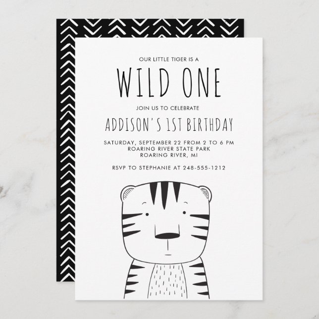 Cute Wild One First Birthday Black White Tiger Invitation (Front/Back)