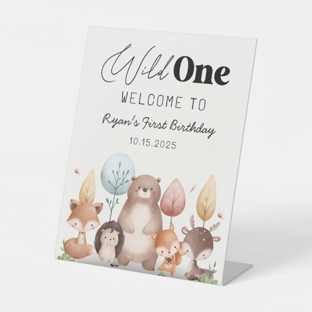 Cute Wild One Forest Woodland Animals Birthday  Pedestal Sign (Front)