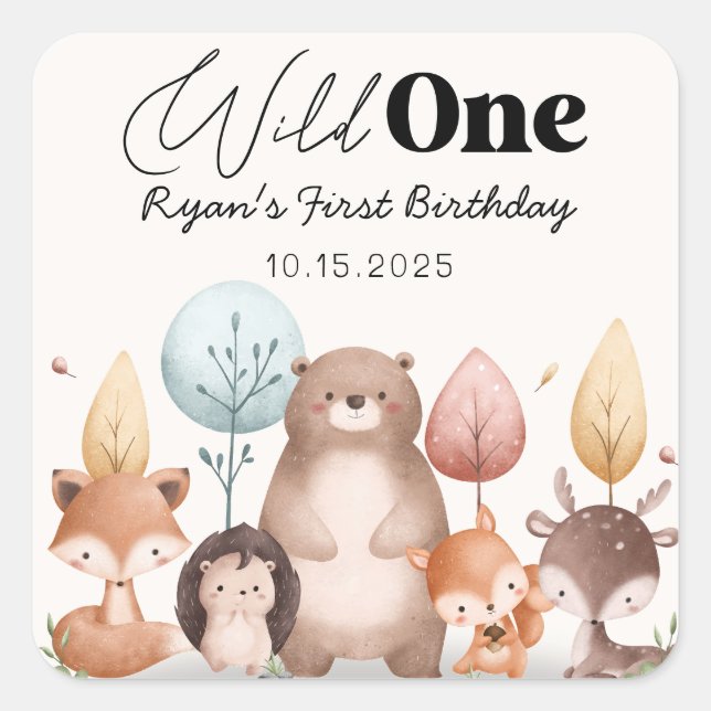 Cute Wild One Forest Woodland Animals Birthday  Square Sticker (Front)