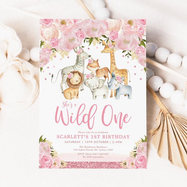 Cute Wild One Girl Safari Animals 1st Birthday Invitation (Creator Uploaded)