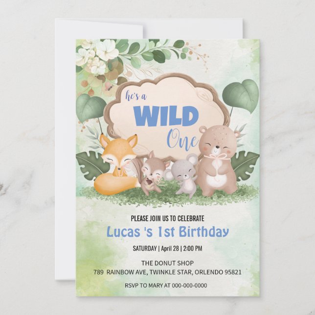 Cute Wild One jungle Animal 1st Birthday party Invitation (Front)