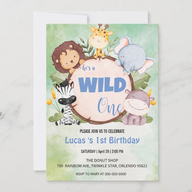 Cute Wild One jungle Animal 1st Birthday party Invitation (Front)