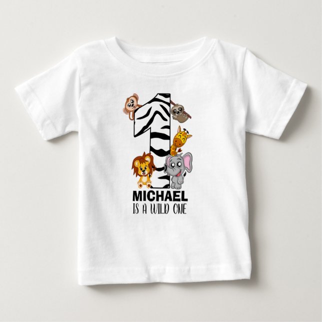 Cute Wild One Jungle Animals Safari First Birthday Baby T-Shirt (Front)