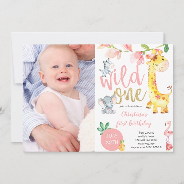 Cute Wild One Jungle Girl First Birthday Photo Invitation (Front)