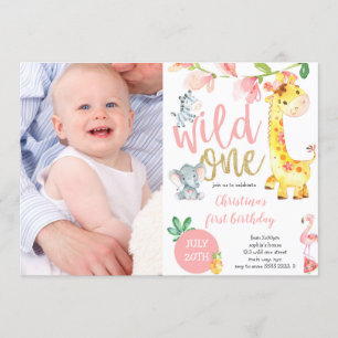 Cute Wild One Jungle Girl First Birthday Photo Invitation