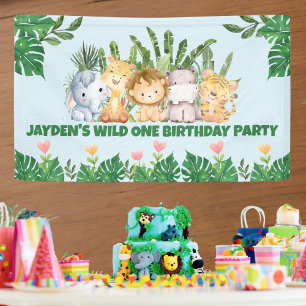 Cute Wild One Jungle Safari Animal Birthday Banner