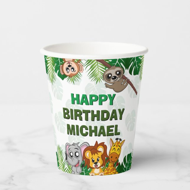 Cute Wild One Jungle Safari Animals First Birthda Paper Cups (Front)