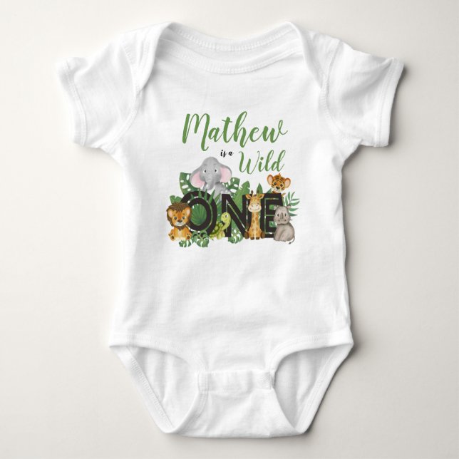 Cute Wild One Jungle Safari Animals First Birthday Baby Bodysuit (Front)