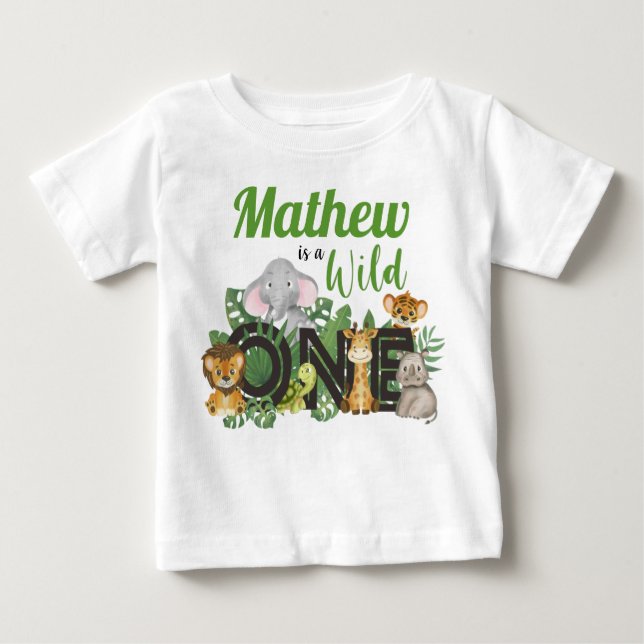 Cute Wild One Jungle Safari Animals First Birthday Baby T-Shirt (Front)