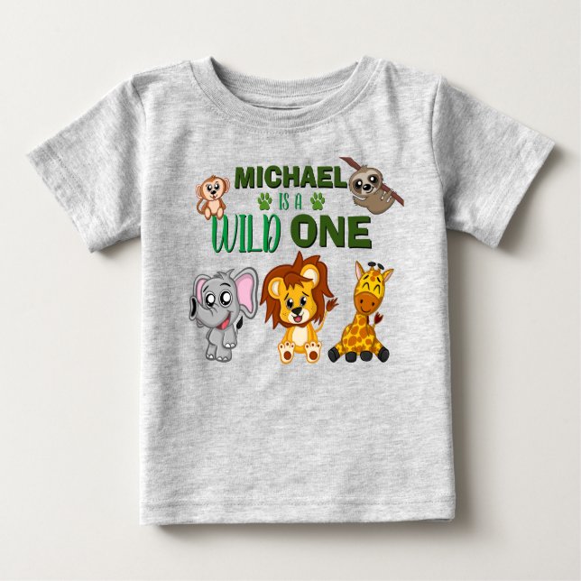 Cute Wild One Jungle Safari Animals First Birthday Baby T-Shirt (Front)