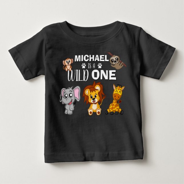 Cute Wild One Jungle Safari Animals First Birthday Baby T-Shirt (Front)