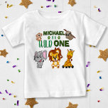 Cute Wild One Jungle Safari Animals First Birthday Baby T-Shirt<br><div class="desc">Is your little boy or girl turning one? This Wild One design is perfect for their 1st birthday. The jungle safari theme features a cartoon illustrated monkey,  sloth,  elephant,  lion,  and giraffe! Party with this rainforest design that can be customised with your child's name.</div>