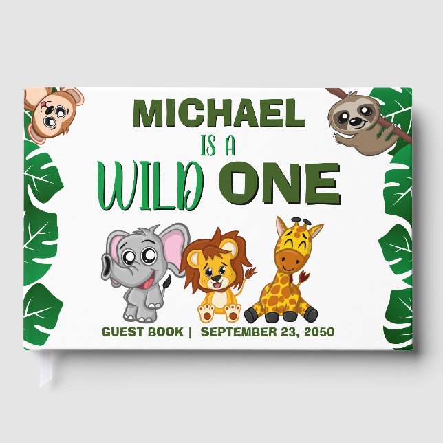 Cute Wild One Jungle Safari Animals First Birthday Guest Book (Front)