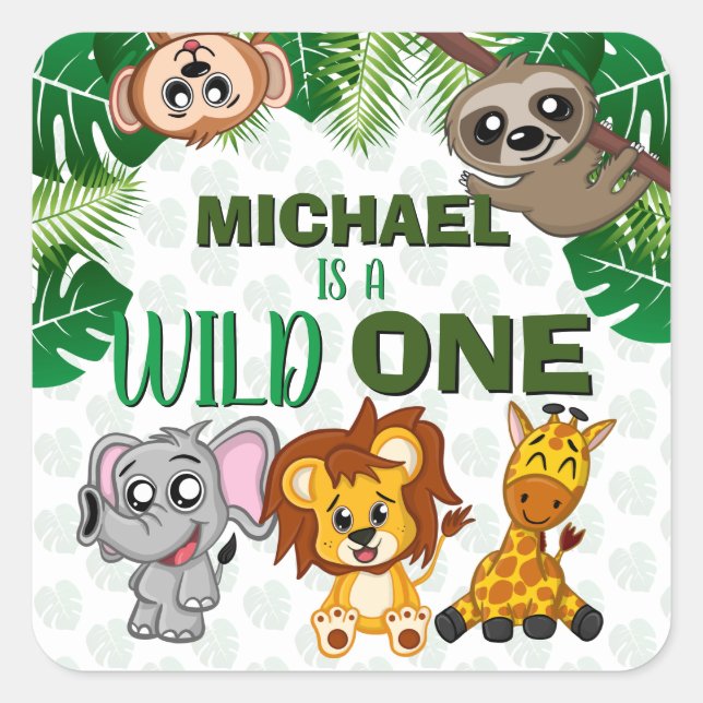 Cute Wild One Jungle Safari Animals First Birthday Square Sticker (Front)