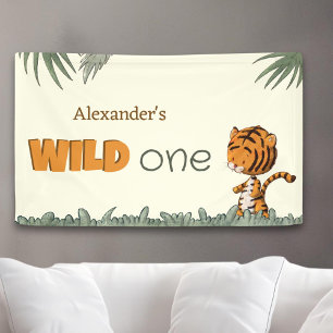 Cute Wild One Jungle Safari Greenery Birthday Banner