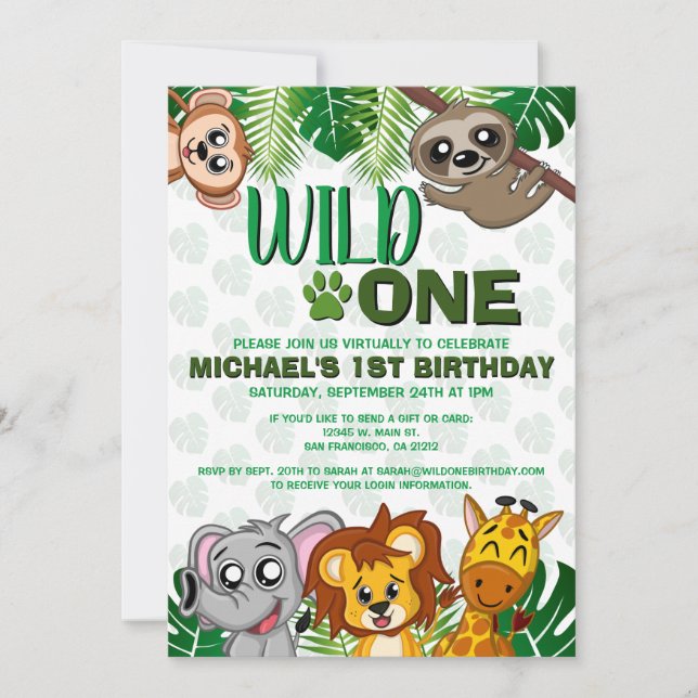 Cute Wild One Jungle Safari Virtual First Birthday Invitation (Front)