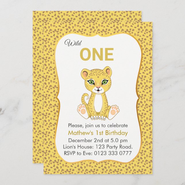 Cute Wild One Leopard 1st Birthday Invitation (Front/Back)
