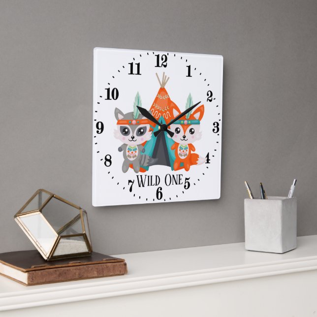 Cute wild one racoon fox room decor square wall clock (Office)