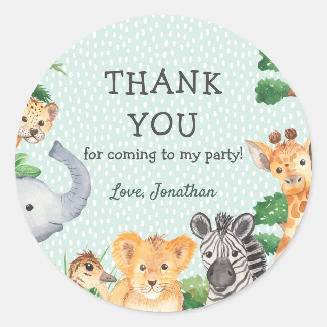 Cute Wild One Rain Forest Thank You Birthday Party Classic Round Sticker (Front)
