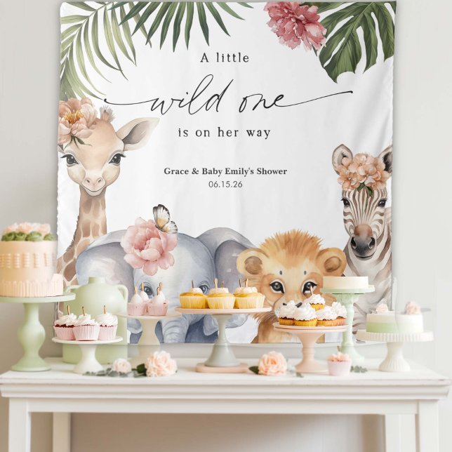 Cute Wild One Safari Animal Baby Shower Backdrop Tapestry (Wild One Safari Animal, Baby Girl Shower Party Backdrop.)