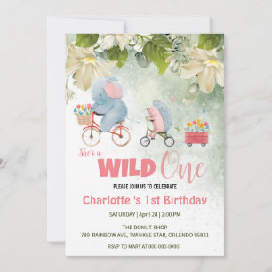 Cute Wild One Safari Animals bike 1st Birthday flo Invitation