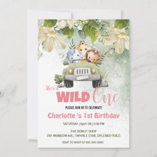 Cute Wild One safari baby cub 1st Birthday floral  Invitation