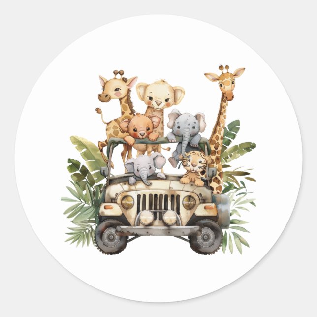 Cute Wild One Safari Jungle Animals Classic Round Sticker (Front)