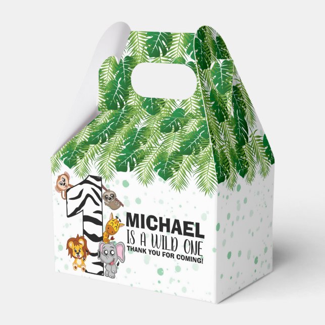 Cute Wild One Safari Jungle Animals First Birthday Favour Box (Front Side)