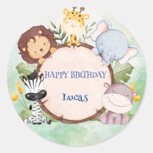 Cute Wild One Safari jungle zoo Birthday party Classic Round Sticker