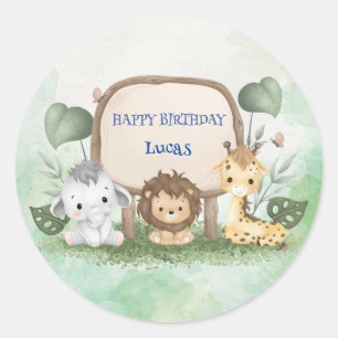 Cute Wild One Safari jungle zoo car Birthday party Classic Round Sticker