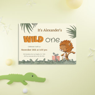 Cute Wild One Safari Lion First Birthday Invitation