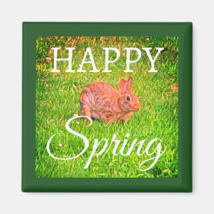 Cute Wild Rabbit Photo Dark Green Happy Spring Magnet